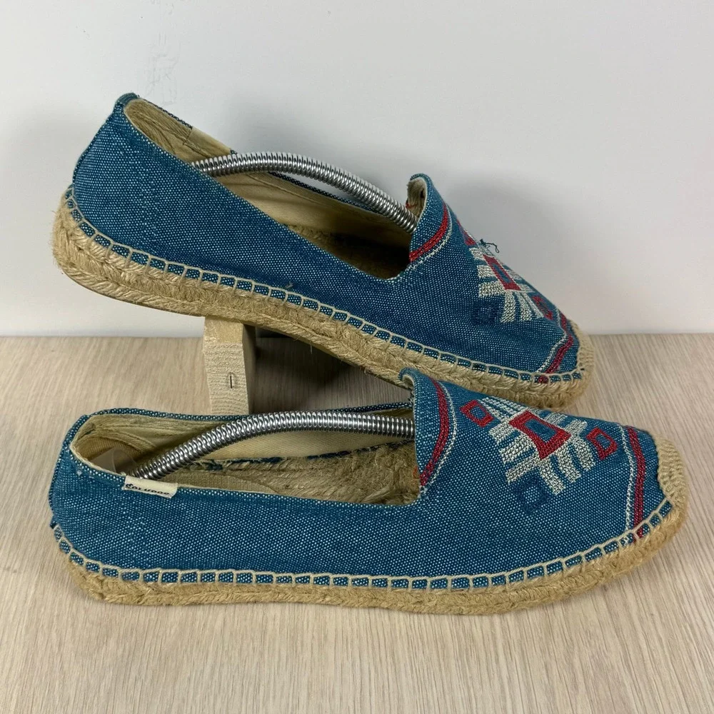 Soludos Women Blue Canvas Embroidered Geometric Espadrille Flats Size 9